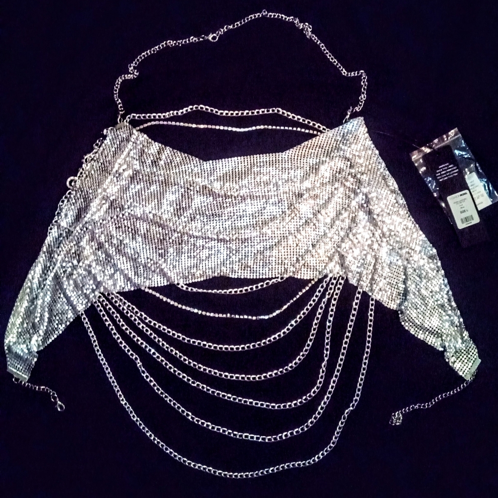 Women's Large Silver Metallic Chain Rhinestone Halter Top